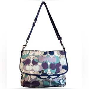 Coach Signature Print Crossbody Messenger Bag Blue Purple Teal w/ Coach Scarf